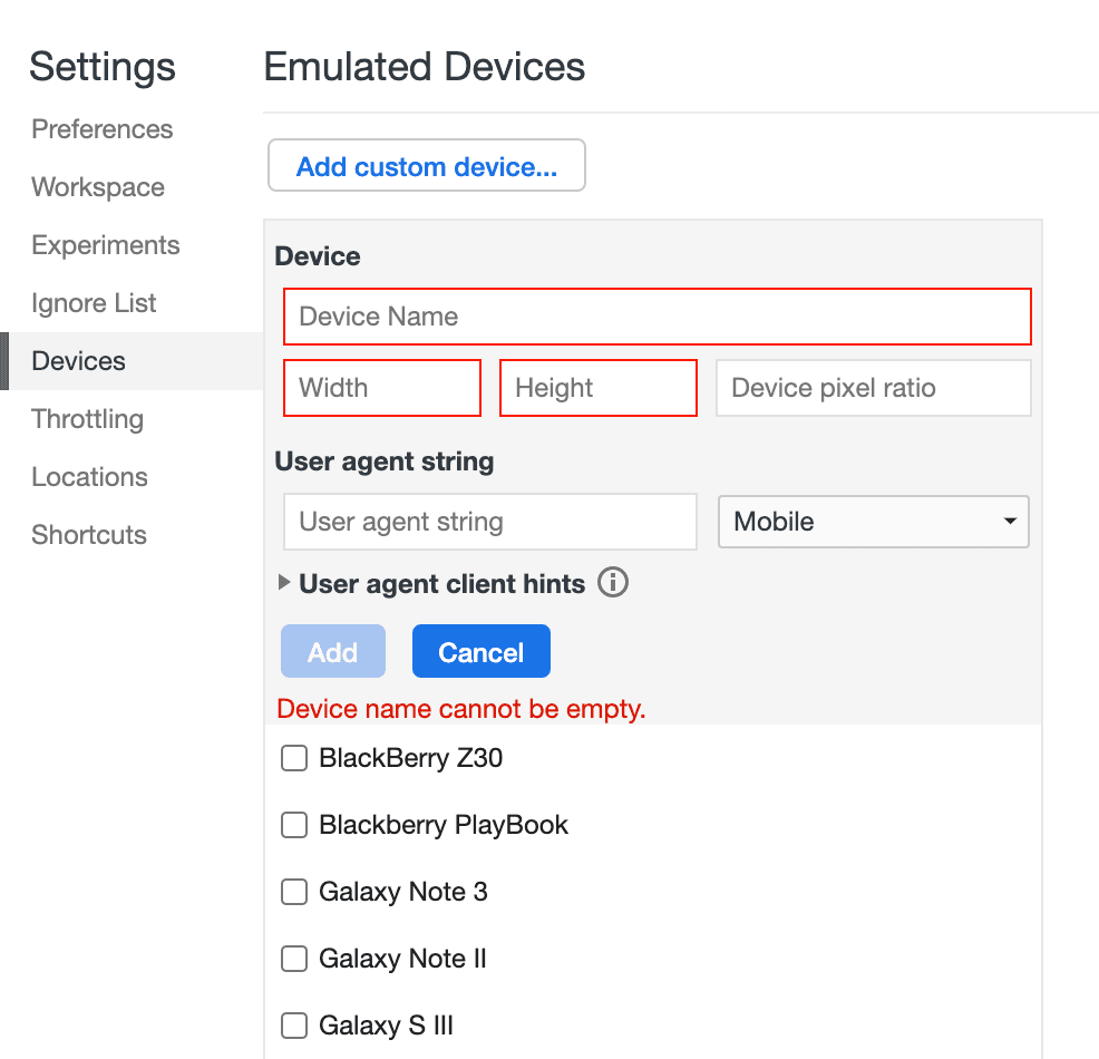 Creating a custom device in Google Chrome DevTools
